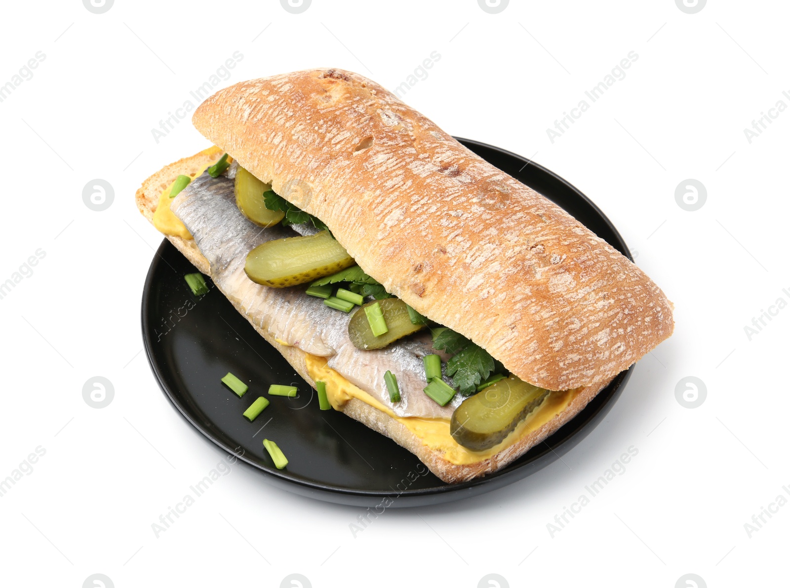 Photo of Tasty sandwich with herring, pickles, green onions and parsley on white background