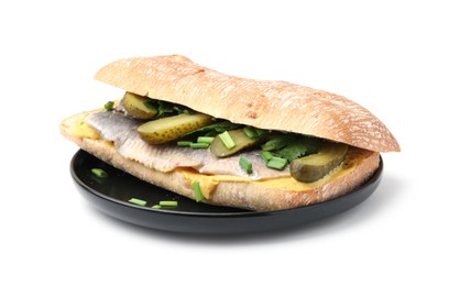 Photo of Tasty sandwich with herring, pickles, green onions and parsley on white background