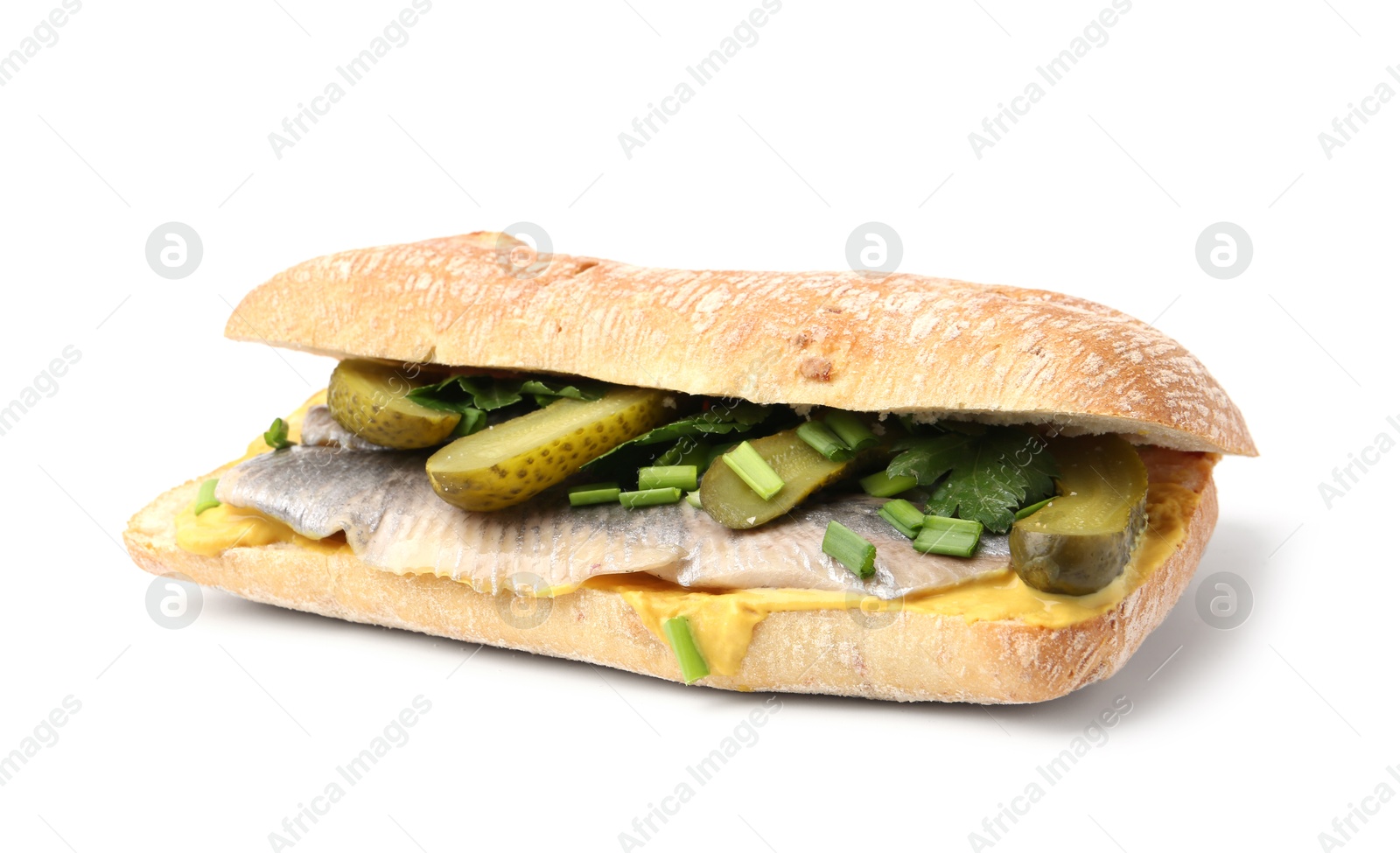 Photo of Tasty sandwich with herring, pickles, green onions and parsley on white background