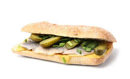 Photo of Tasty sandwich with herring, pickles, green onions and parsley on white background