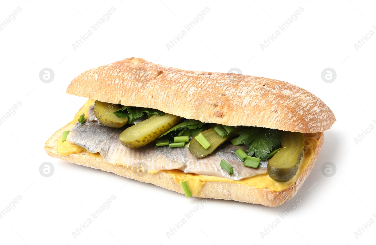 Photo of Tasty sandwich with herring, pickles, green onions and parsley on white background