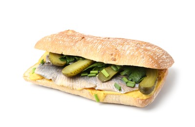 Photo of Tasty sandwich with herring, pickles, green onions and parsley on white background