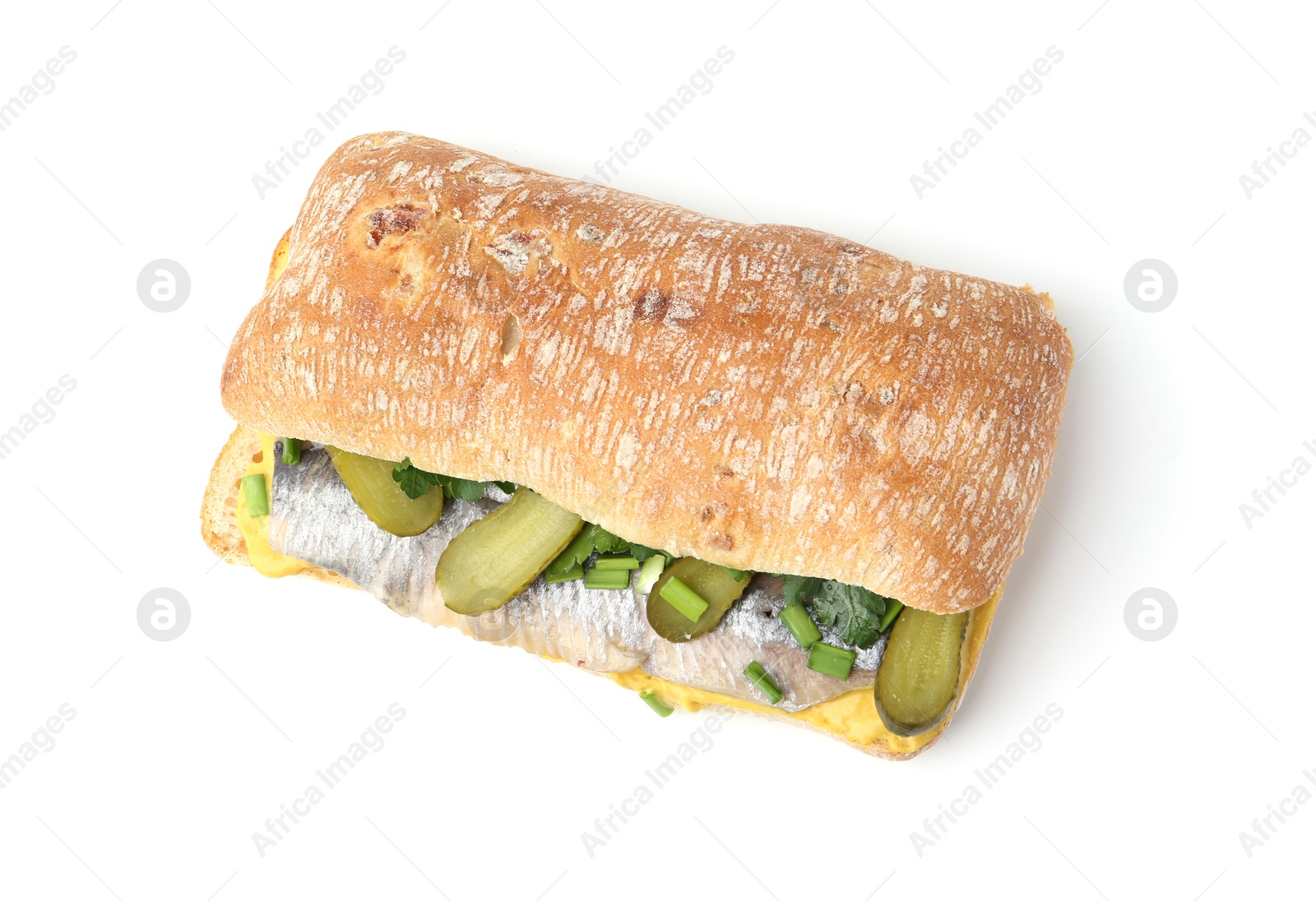 Photo of Tasty sandwich with herring, pickles, green onions and parsley on white background, top view