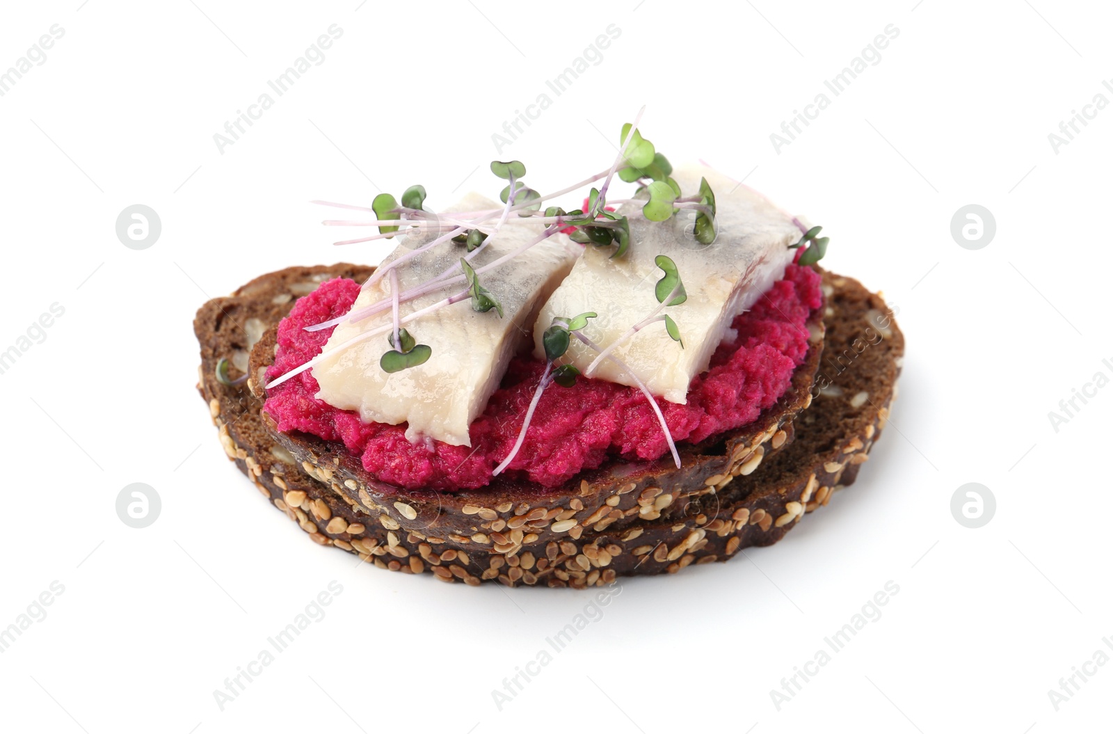 Photo of Tasty sandwich with herring and horseradish sauce on white background