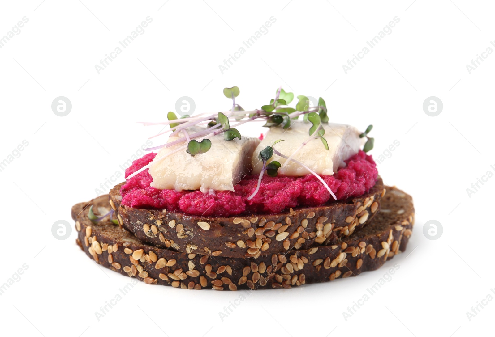 Photo of Tasty sandwich with herring and horseradish sauce on white background