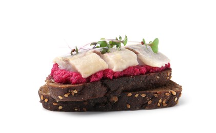 Tasty sandwich with herring and horseradish sauce on white background