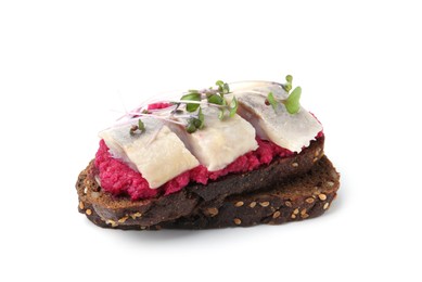 Tasty sandwich with herring and horseradish sauce on white background