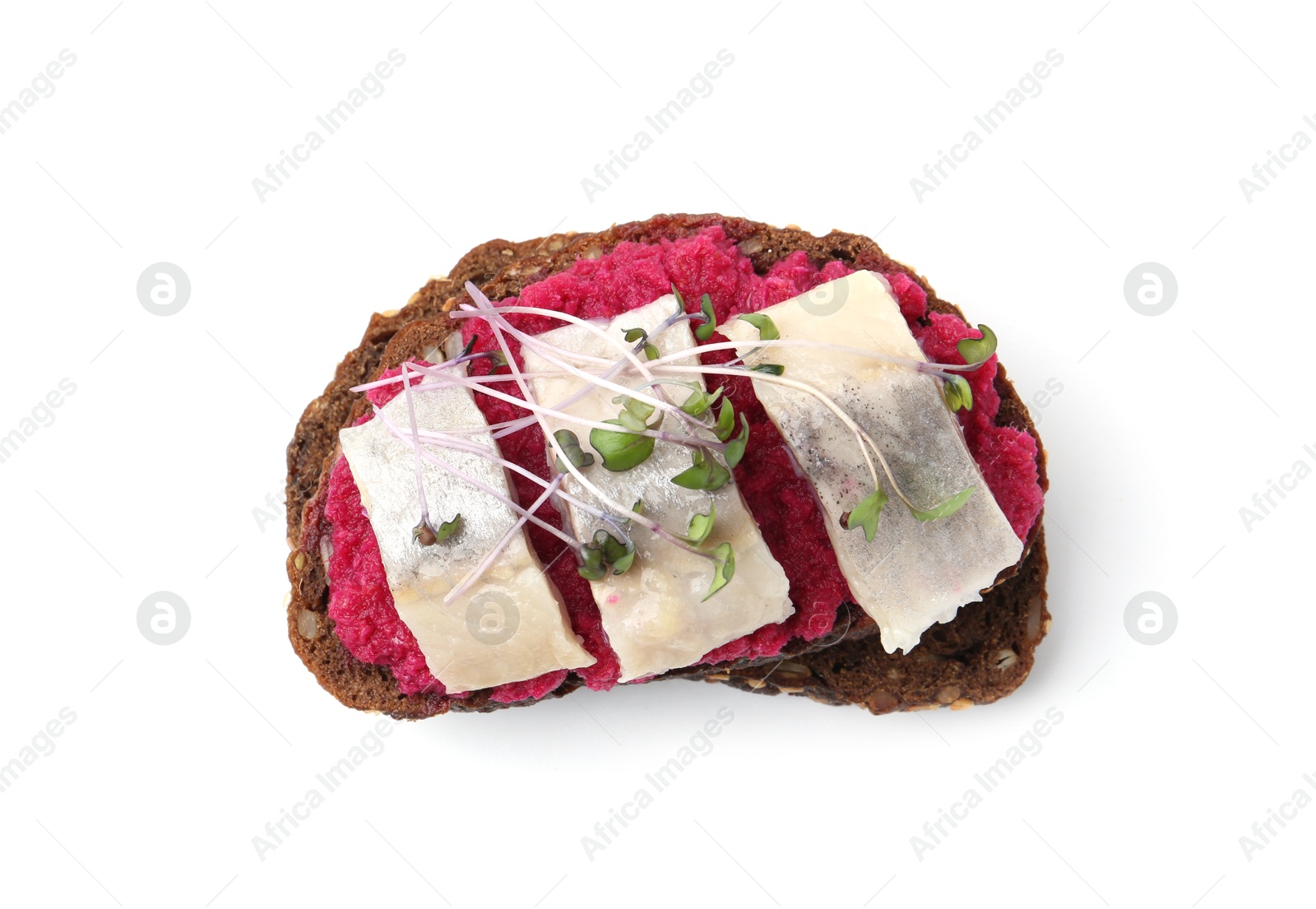 Photo of Tasty sandwich with herring and horseradish sauce on white background, top view