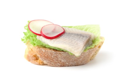 Tasty sandwich with herring, radish and lettuce on white background