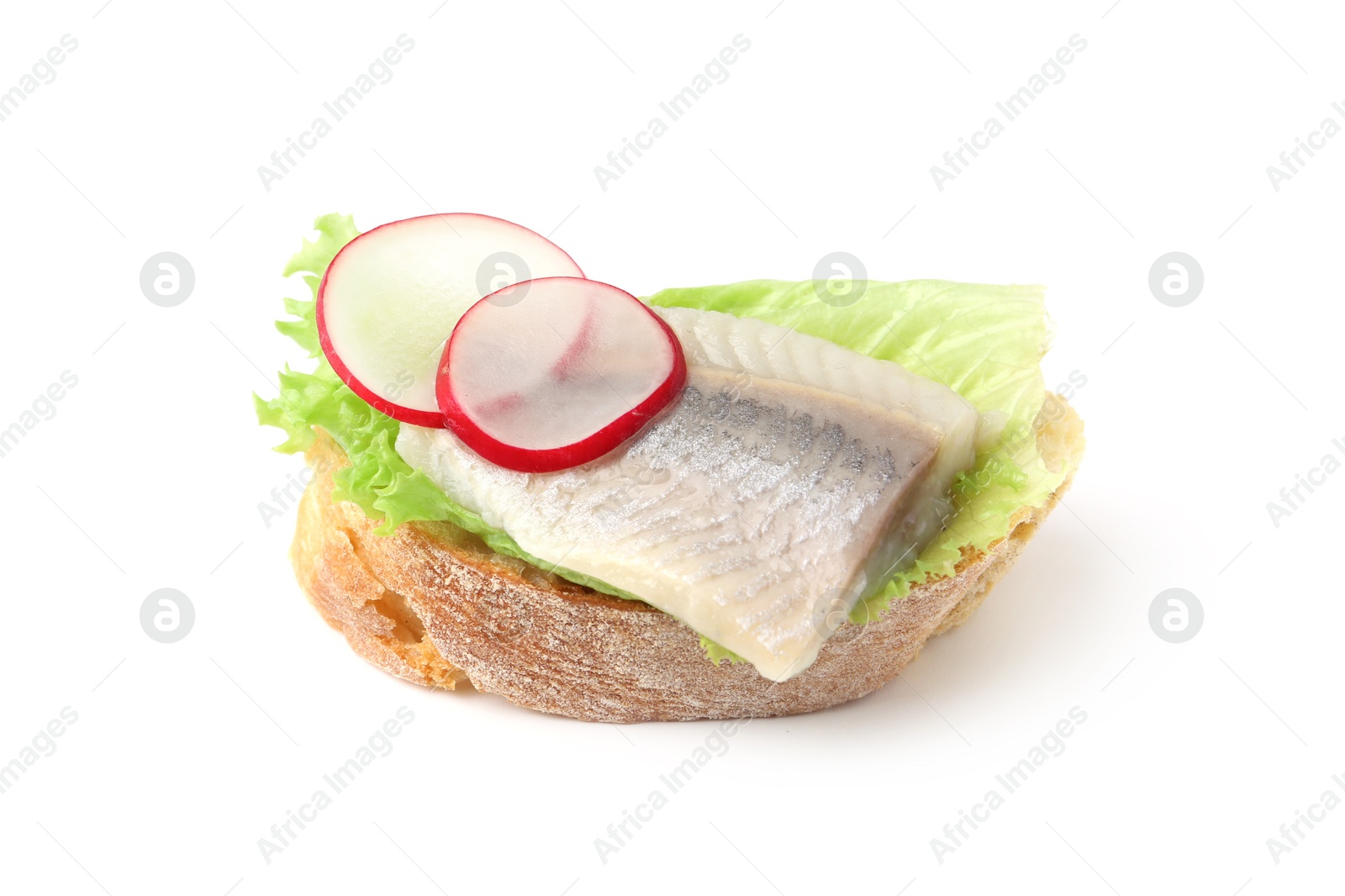 Photo of Tasty sandwich with herring, radish and lettuce on white background