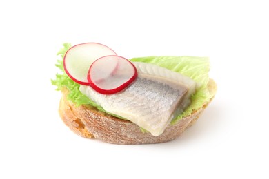 Photo of Tasty sandwich with herring, radish and lettuce on white background