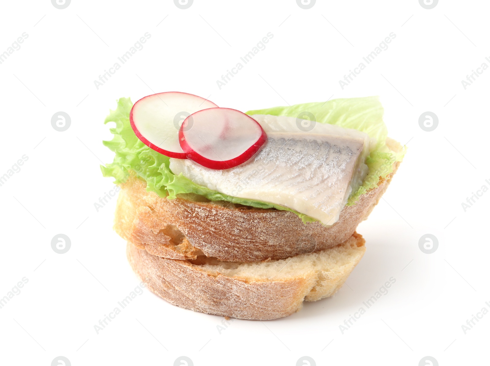 Photo of Tasty sandwich with herring, radish and lettuce on white background