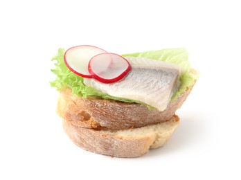 Photo of Tasty sandwich with herring, radish and lettuce on white background