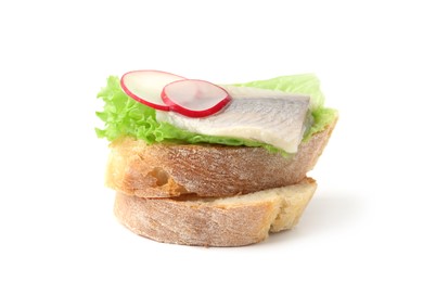 Tasty sandwich with herring, radish and lettuce on white background