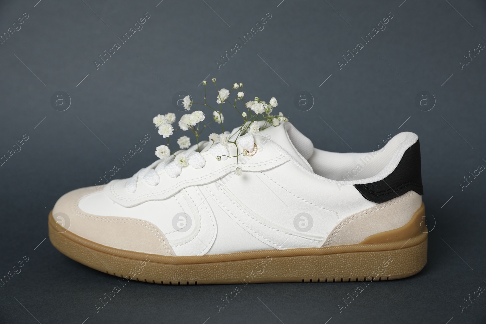 Photo of Pair of stylish sneaker and gypsophila flowers on grey background. Casual shoe