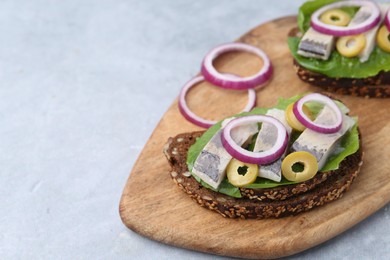 Tasty sandwiches with herring, onions and olives on light grey table, closeup. Space for text