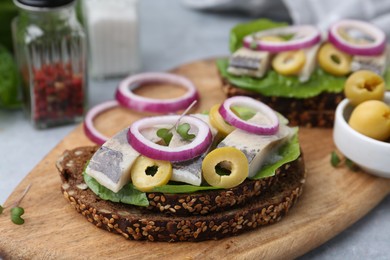 Tasty sandwiches with herring, onions and olives on table, closeup