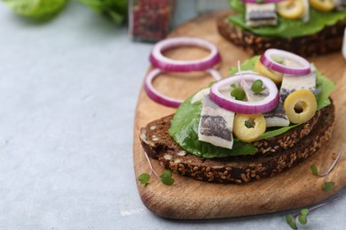 Photo of Tasty sandwiches with herring, onions and olives on light grey table, closeup. Space for text