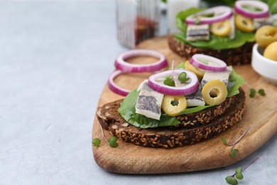 Photo of Tasty sandwiches with herring, onions and olives on light grey table, closeup. Space for text