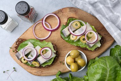 Tasty sandwiches with herring, onions, lettuce and olives on light grey table, flat lay