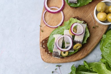 Photo of Tasty sandwich with herring, onion, lettuce and olives on light grey table, flat lay. Space for text