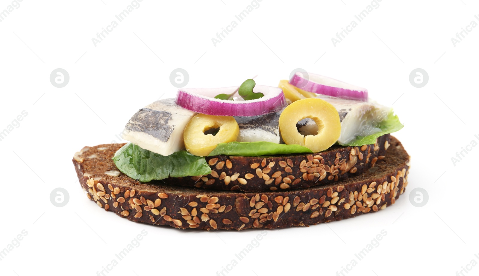 Photo of Tasty sandwich with herring, onion, lettuce and olives isolated on white