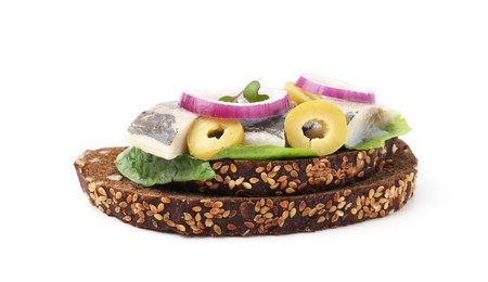 Tasty sandwich with herring, onion, lettuce and olives isolated on white