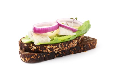 Tasty sandwich with herring, onion, lettuce and olives isolated on white