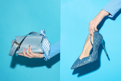 Photo of Woman showing stylish high-heeled shoes and handbag on color background, closeup. Creative display of fashionable stuff