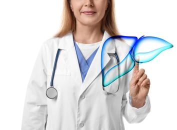 Image of Doctor with stethoscope pointing at illustration of liver on white background, closeup