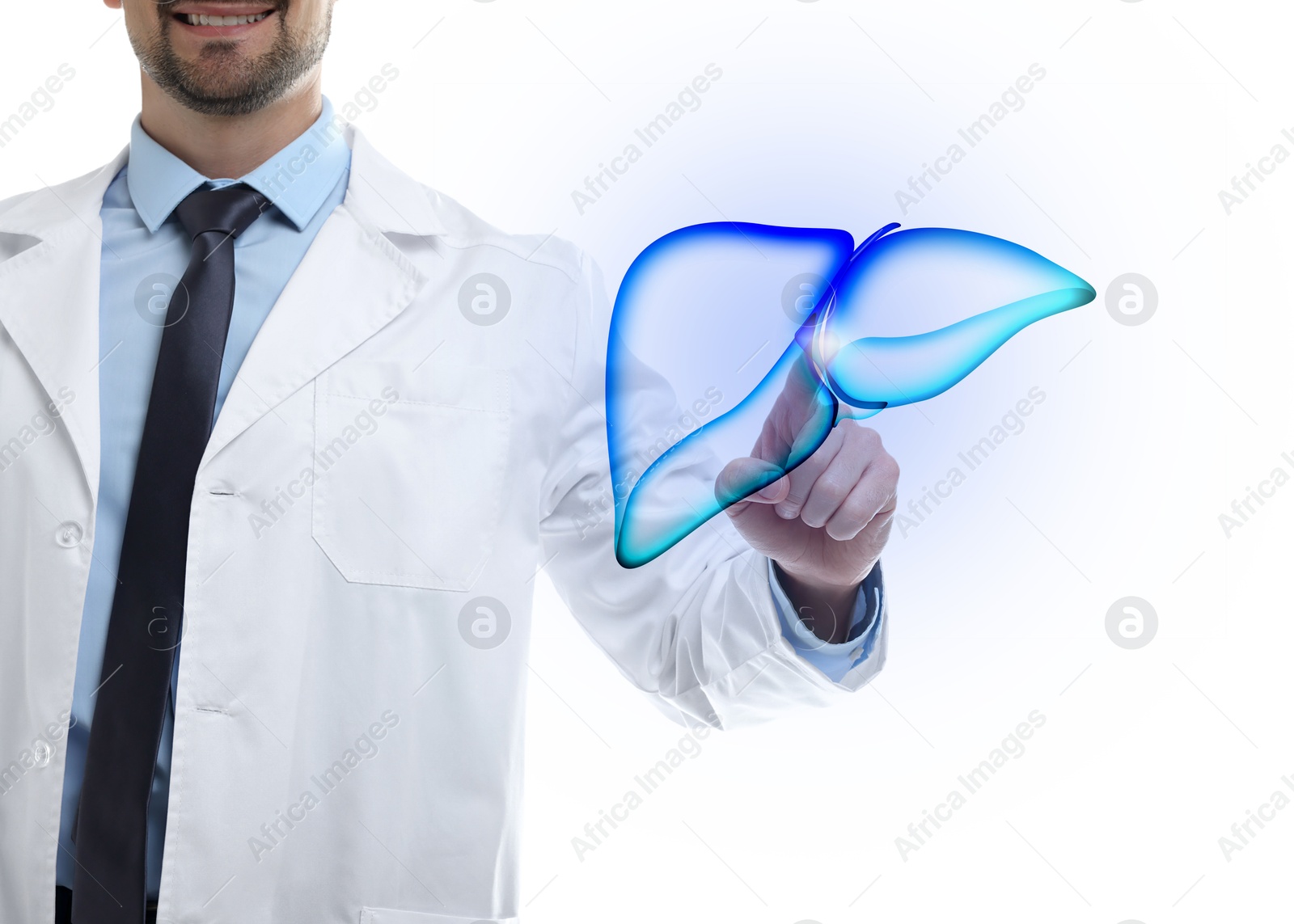 Image of Doctor pointing at illustration of liver on white background, closeup