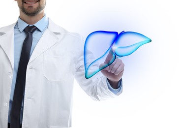 Doctor pointing at illustration of liver on white background, closeup