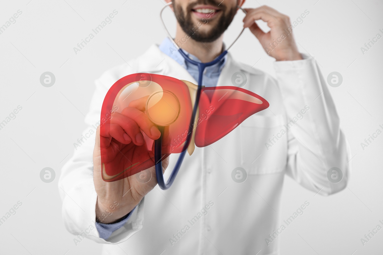 Image of Doctor with stethoscope and illustration of liver on white background, closeup