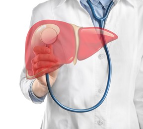 Doctor with stethoscope and illustration of liver on white background, closeup