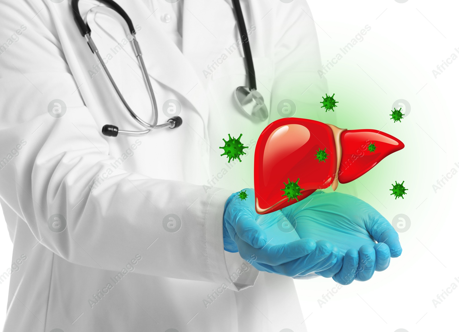 Image of Doctor holding illustration of unhealthy liver on white background, closeup. Hepatitis