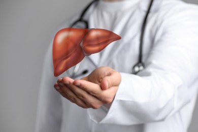 Image of Doctor holding illustration of liver on grey background, closeup