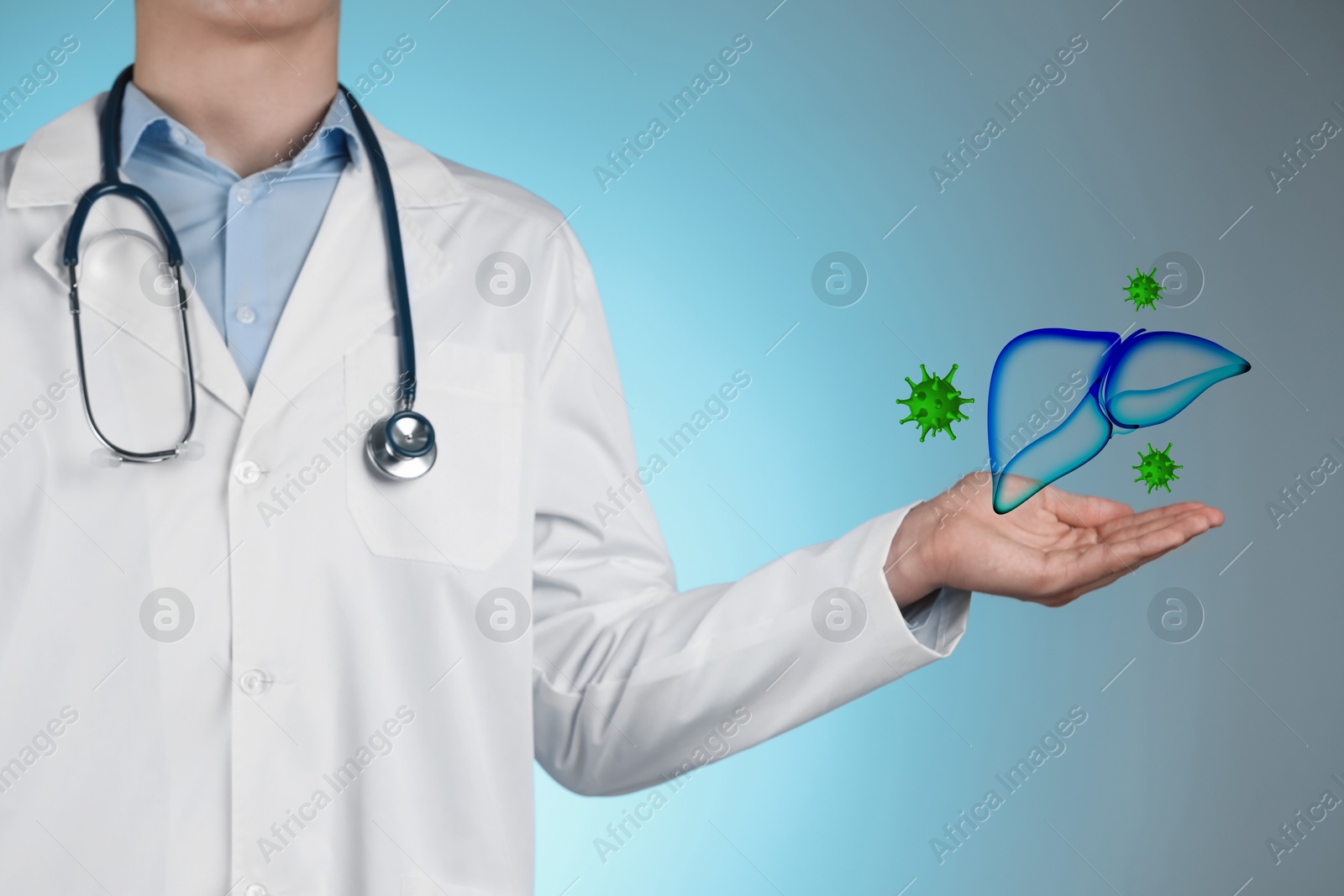 Image of Doctor holding illustration of unhealthy liver on color background, closeup. Hepatitis