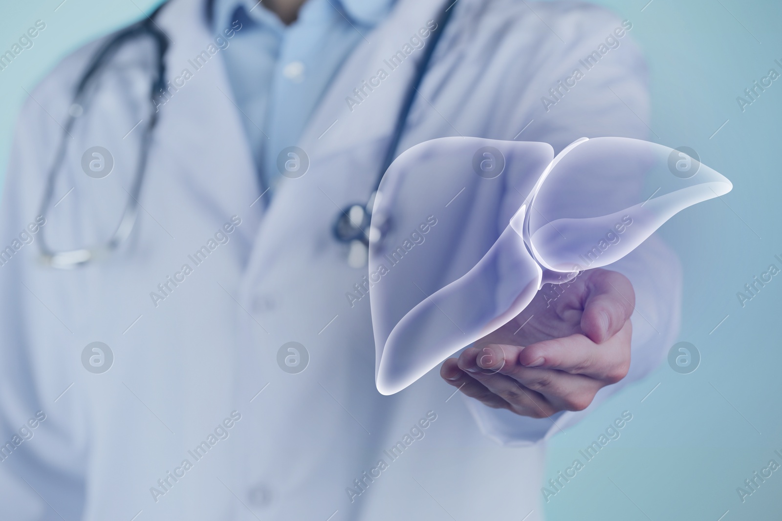 Image of Doctor holding illustration of liver on light blue background, closeup