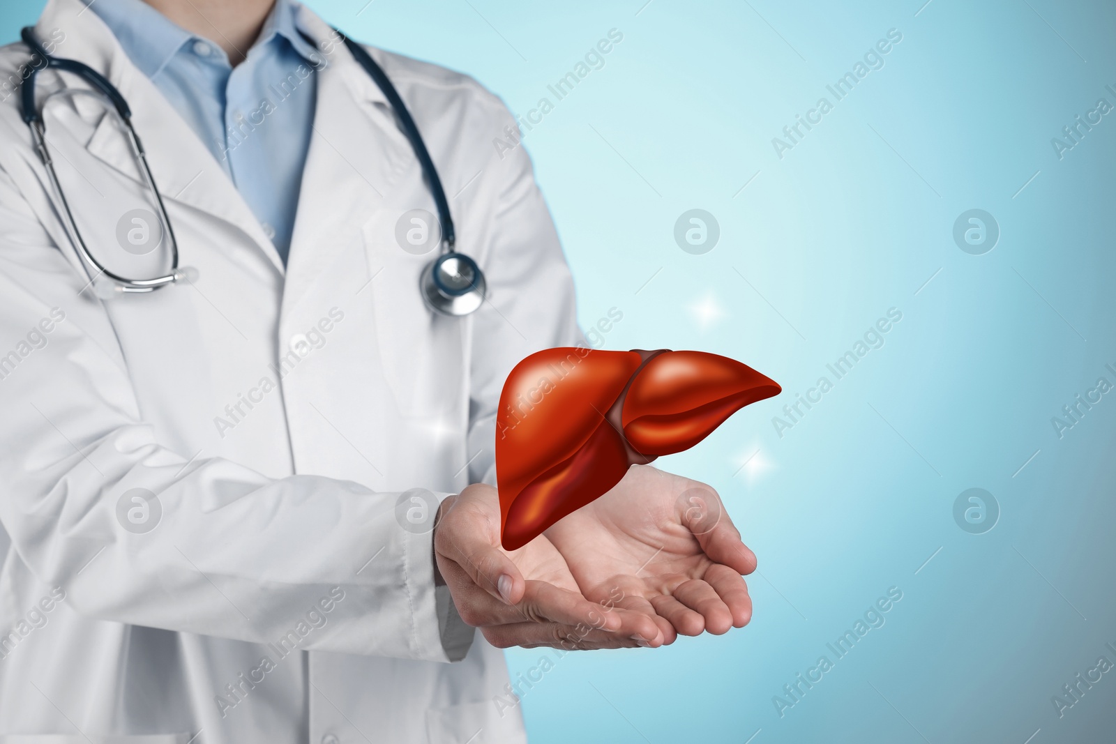 Image of Doctor holding illustration of liver on light blue background, closeup