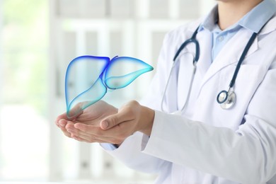 Image of Doctor holding illustration of liver indoors, closeup