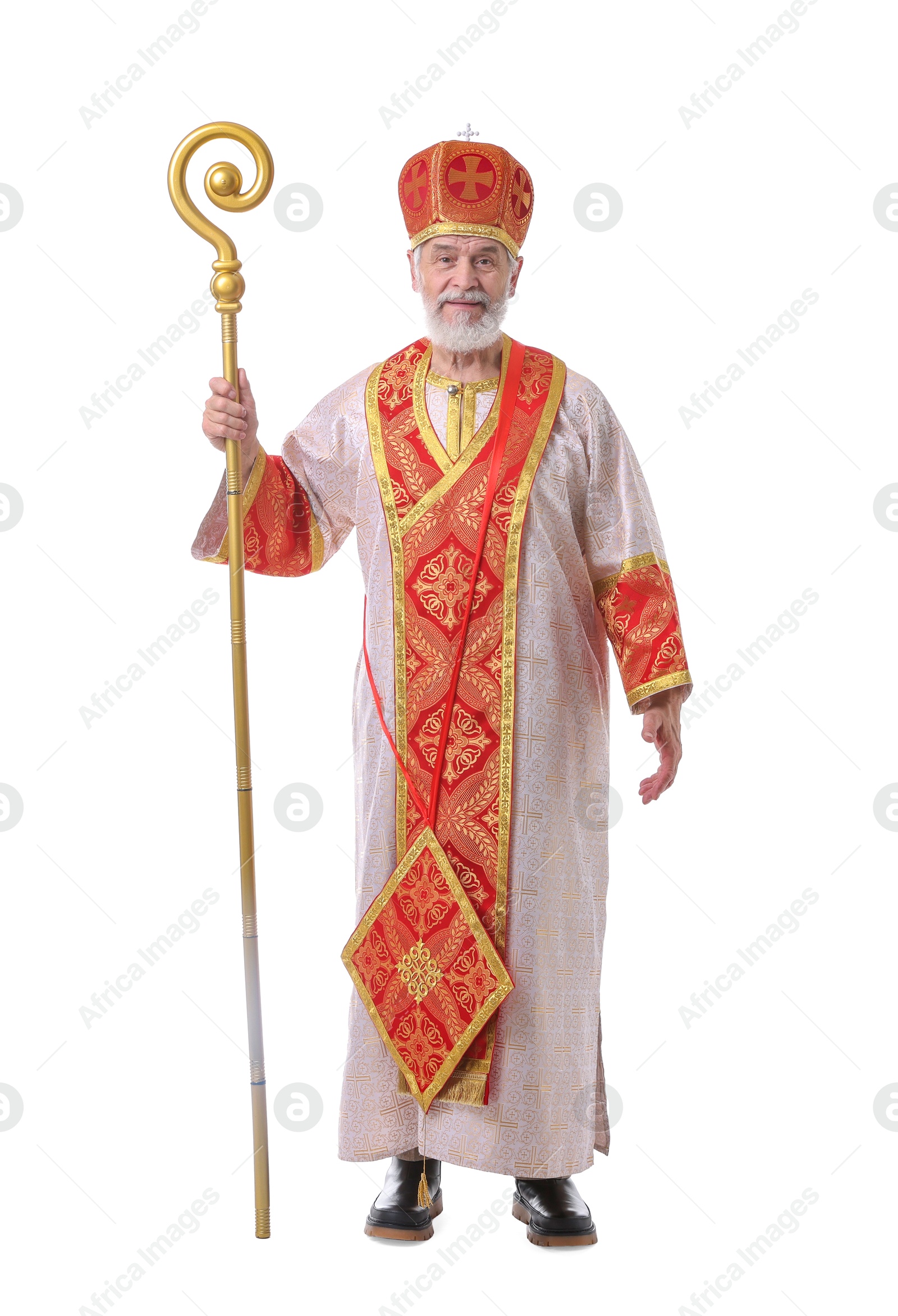 Photo of Saint Nicholas with crozier on white background