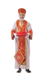 Photo of Saint Nicholas giving gift on white background