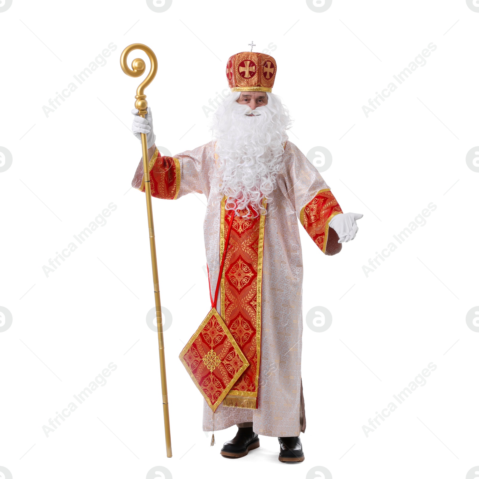 Photo of Saint Nicholas with crozier on white background