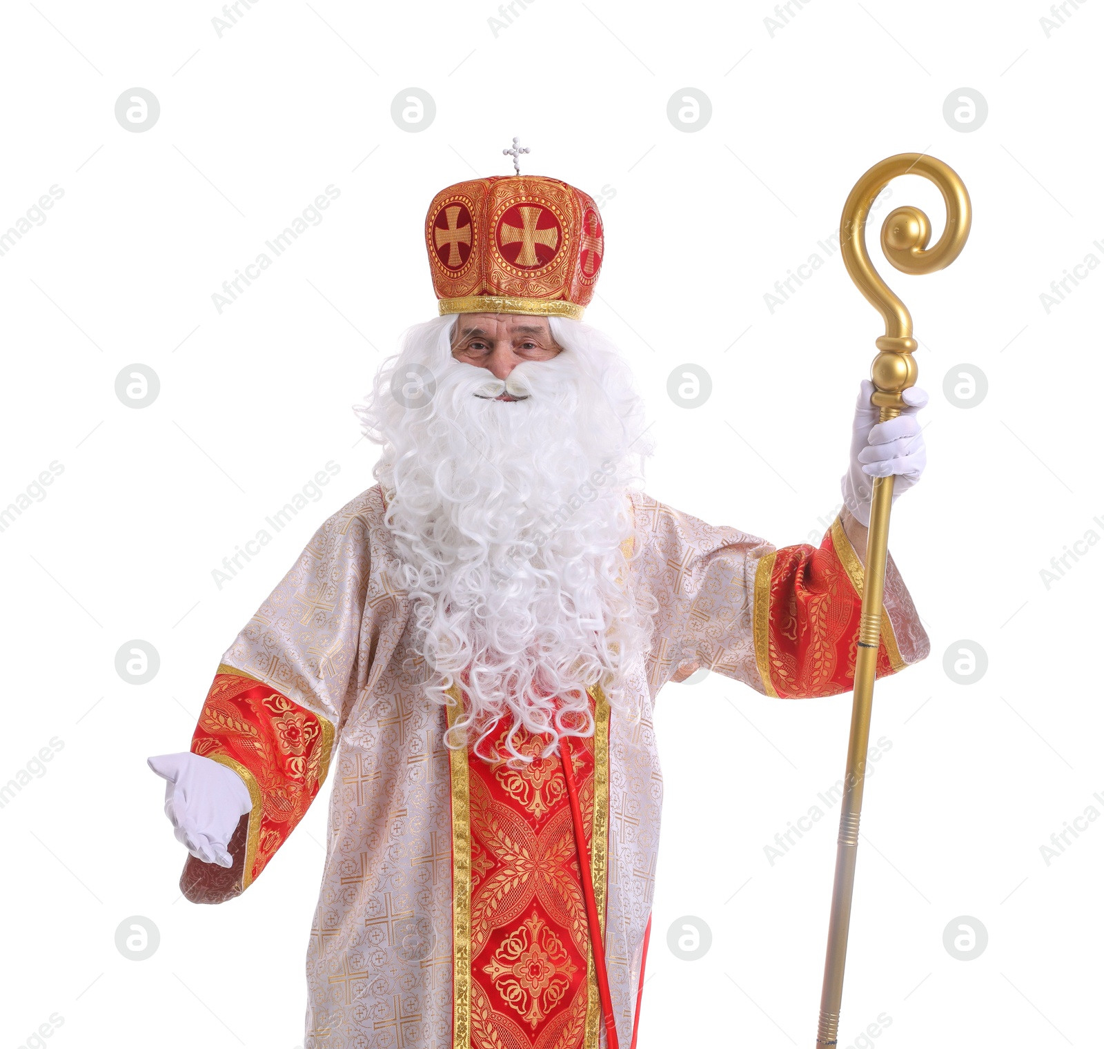 Photo of Saint Nicholas with crozier on white background