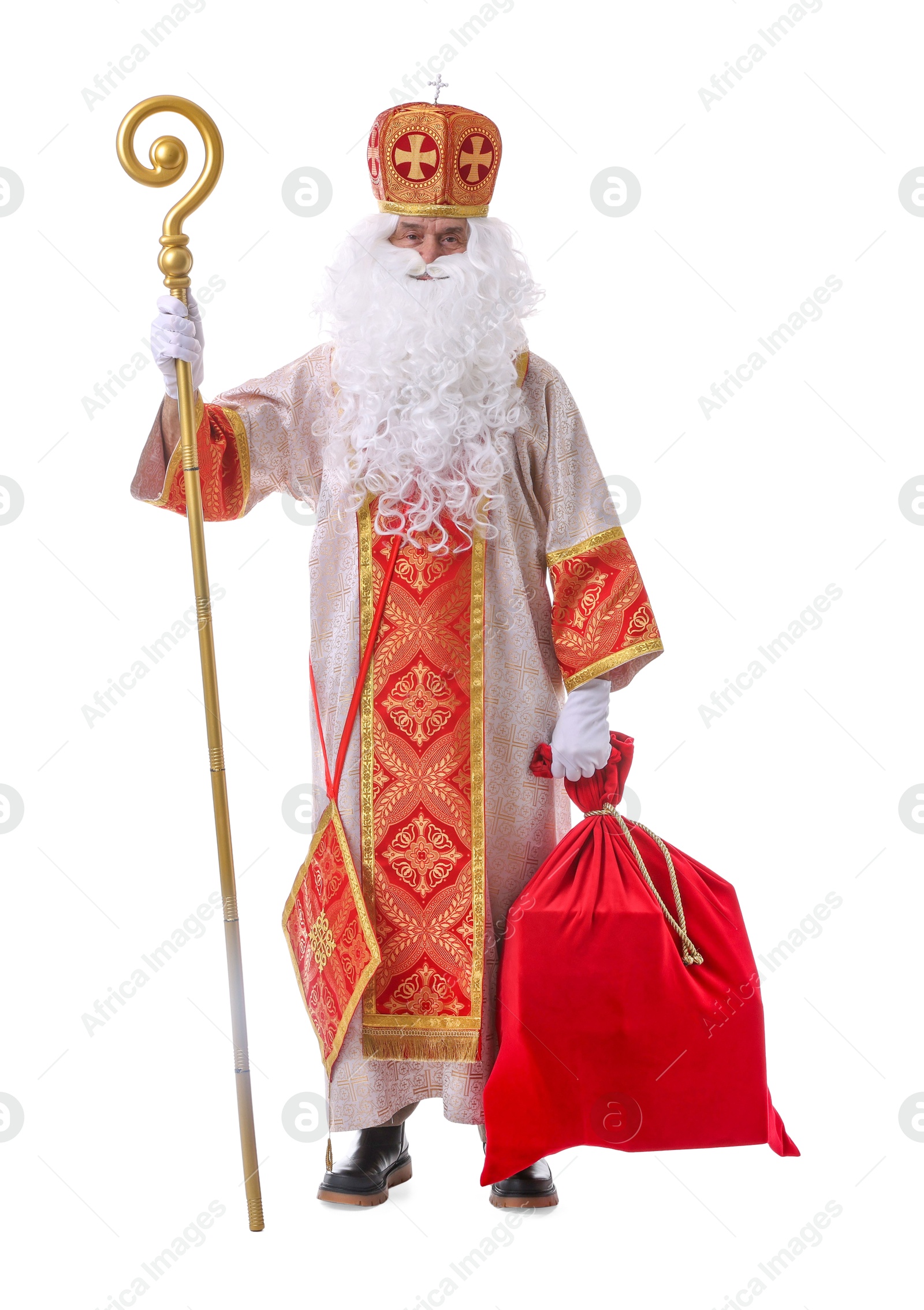 Photo of Saint Nicholas with sack on white background