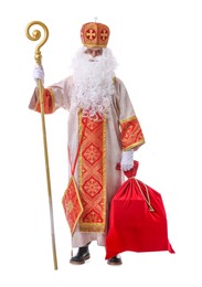 Photo of Saint Nicholas with sack on white background