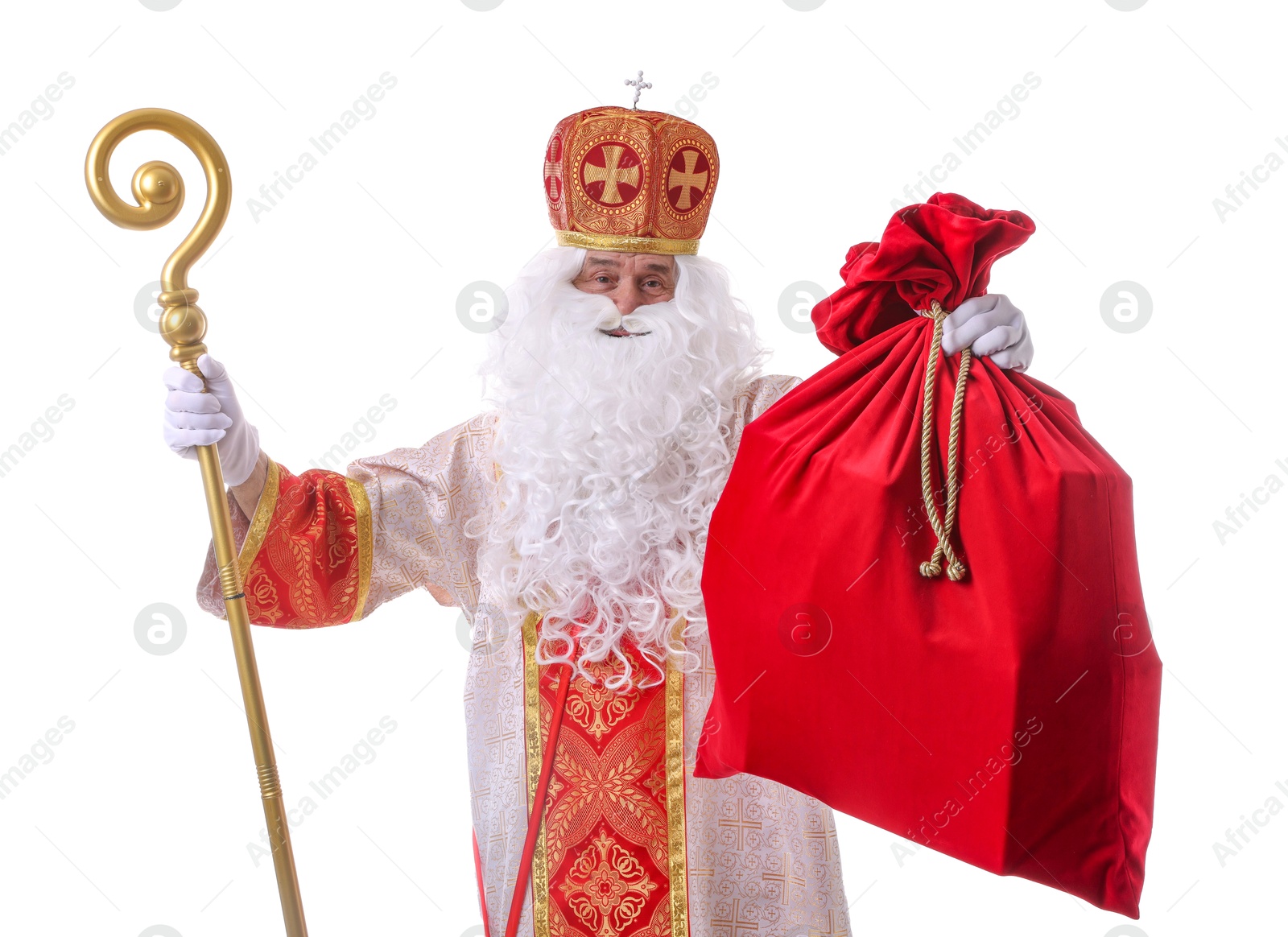 Photo of Saint Nicholas with sack on white background