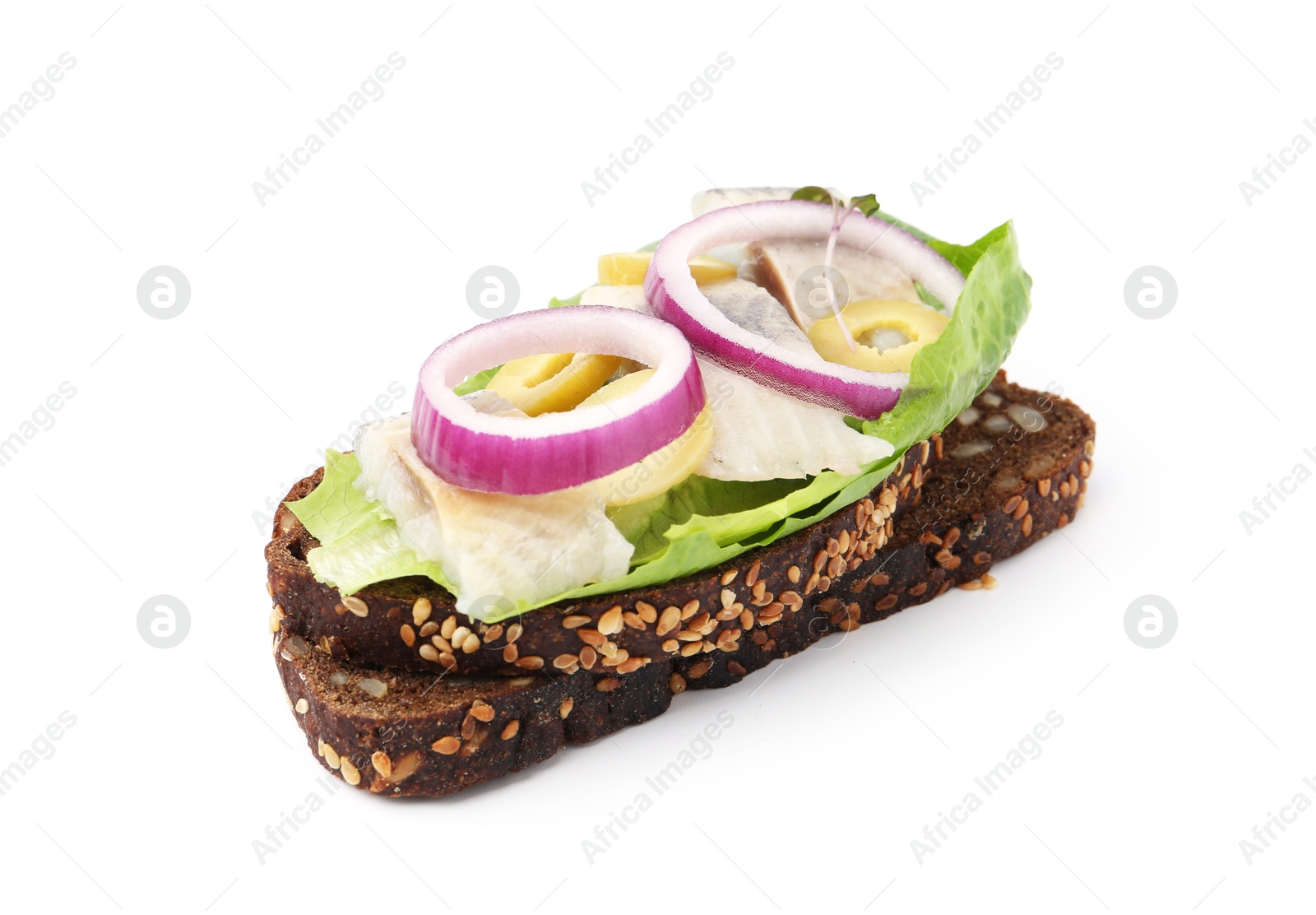 Photo of Tasty sandwich with herring, onion, lettuce and olives isolated on white