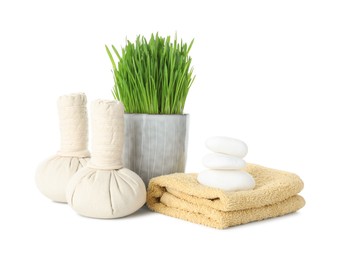 Photo of Spa composition with wheatgrass and herbal bags isolated on white