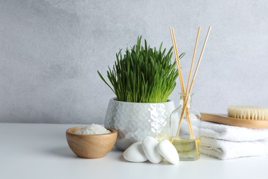 Photo of Spa composition with wheatgrass and sea salt on white table